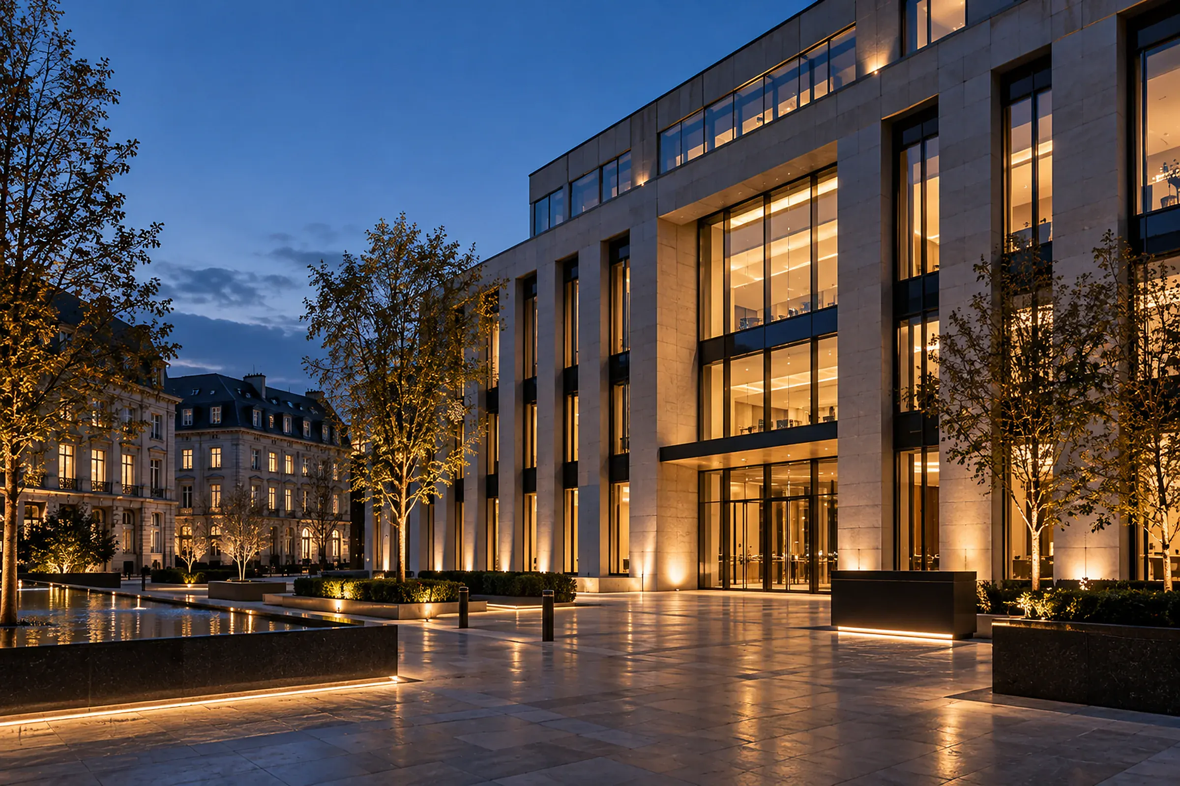 A stone and glass office building at blue hour with lit windows