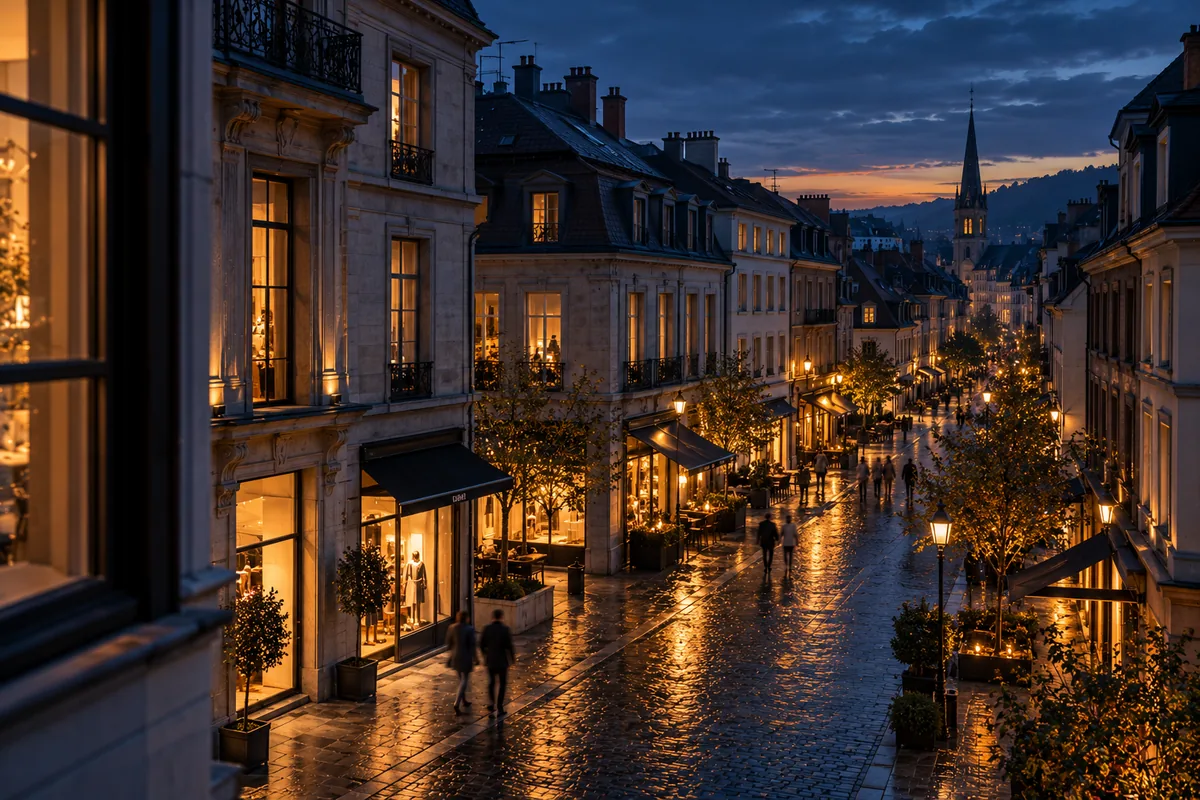 A European high street at blue hour with shop windows glowing
