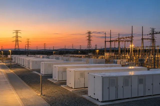 Battery storage containers at dusk