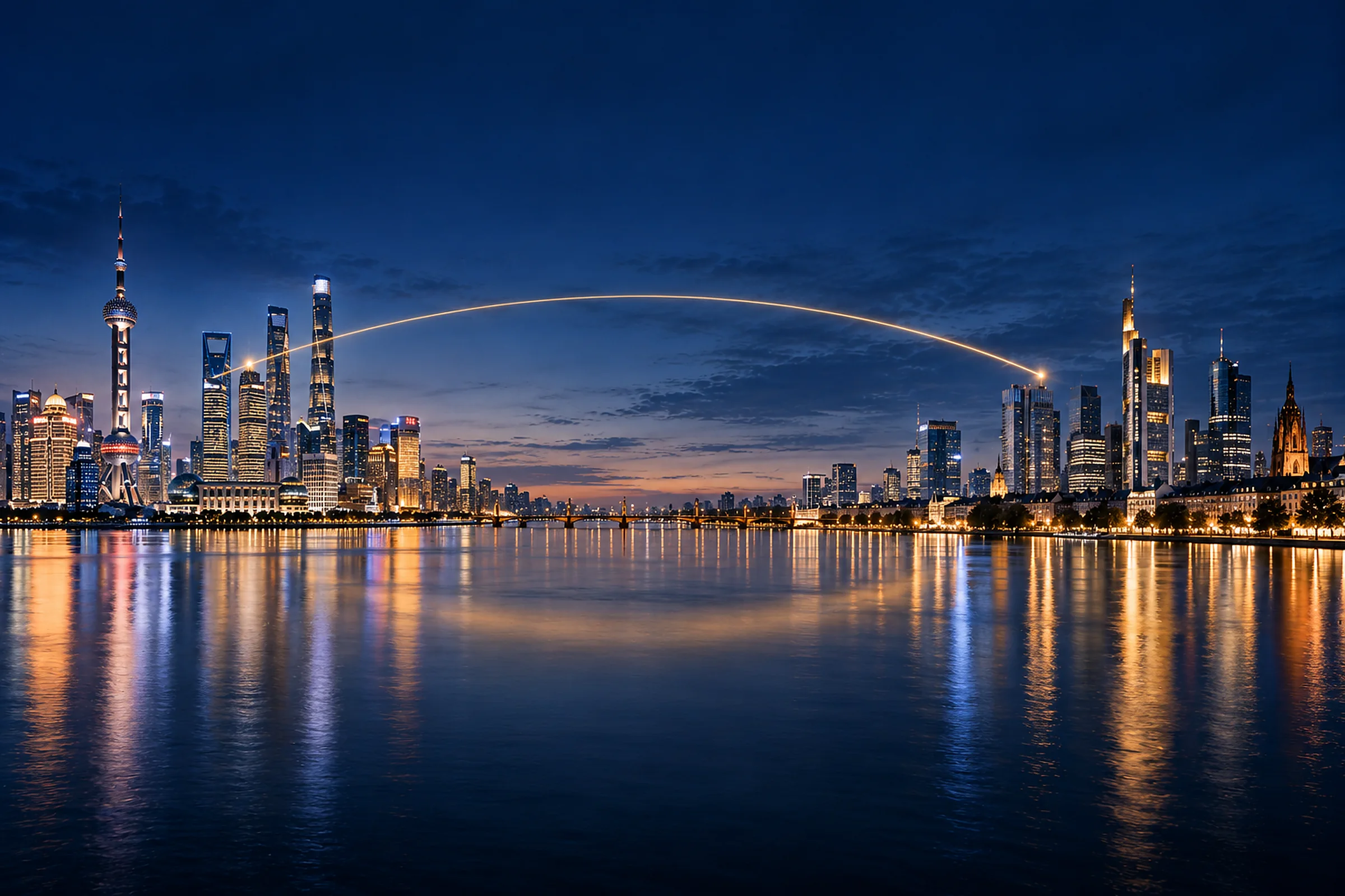 Shanghai and Frankfurt joined across one river at blue hour, a trail of golden light arcing between them