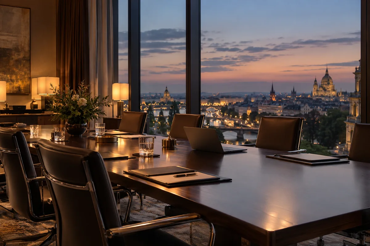 An empty boardroom above a city at dusk
