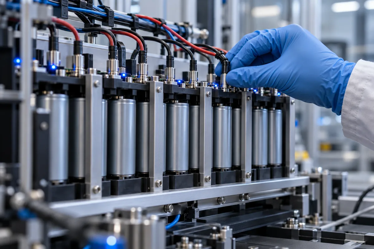 A battery cell test rack in a laboratory