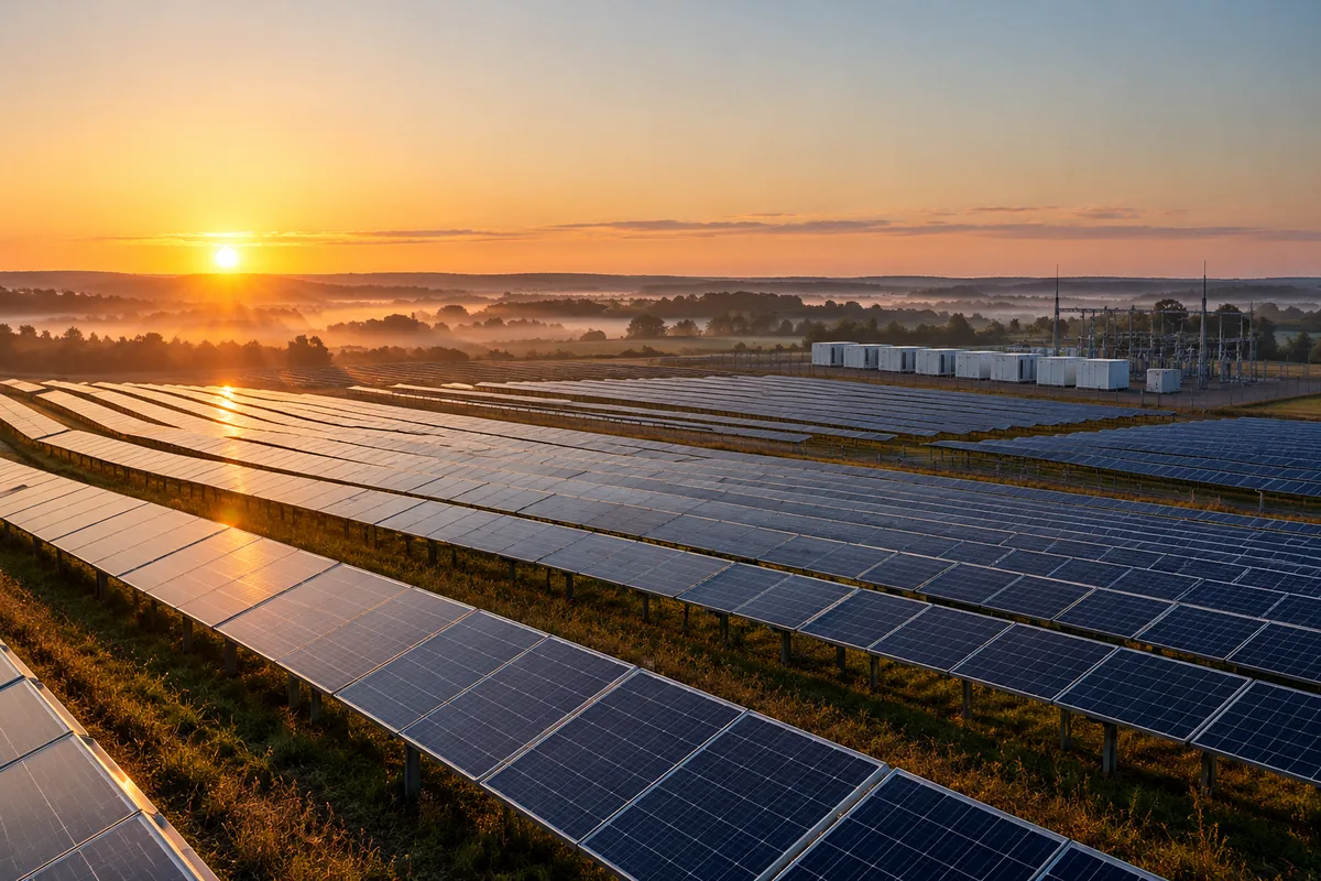 Rows of solar panels at sunrise with battery storage containers in the distance
