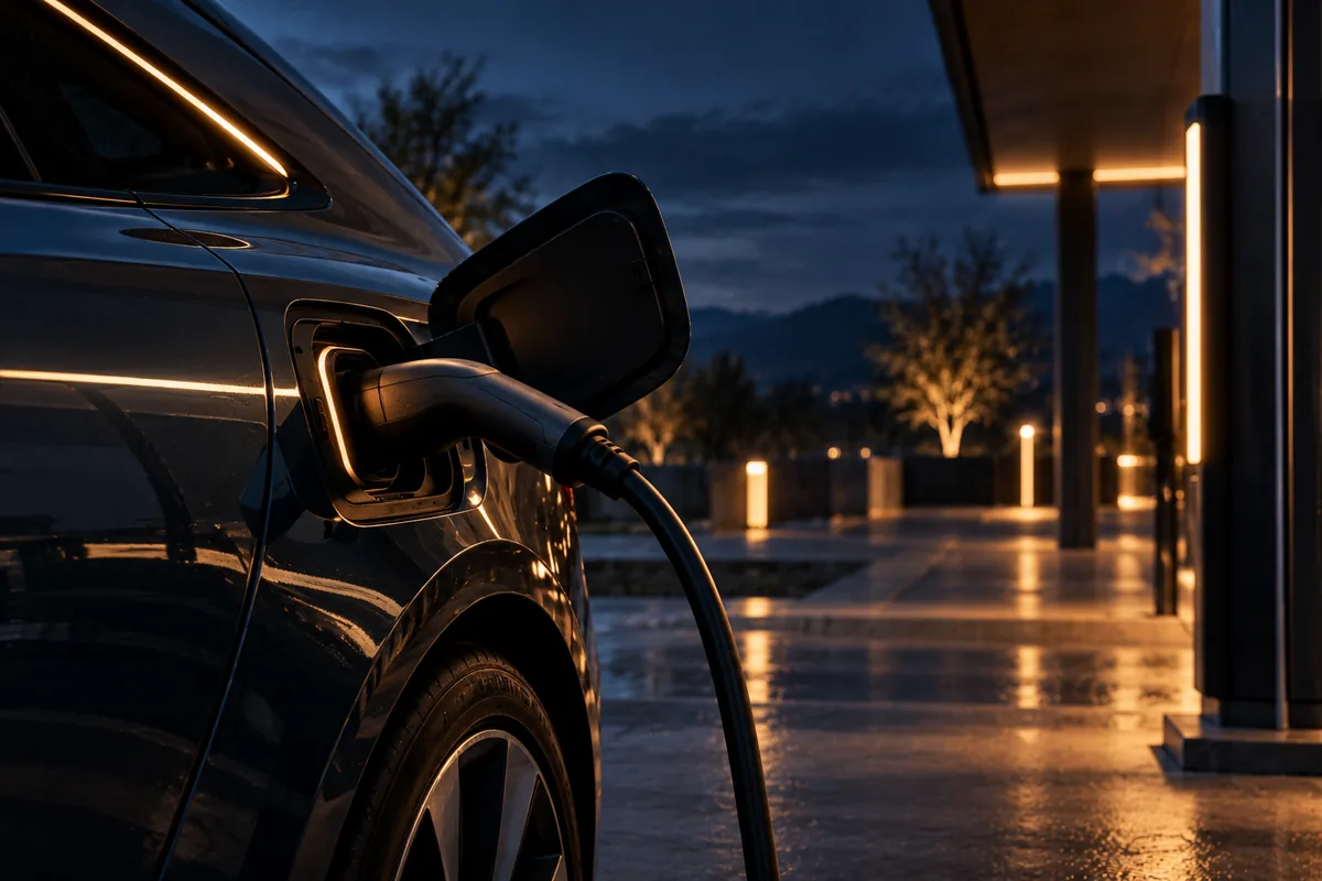 A charging cable plugged into an electric car at night