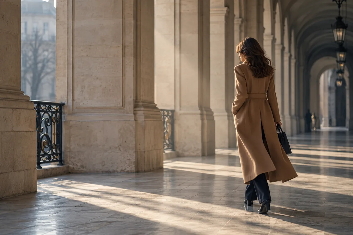 A woman in a tailored camel coat walking through a sunlit stone arcade
