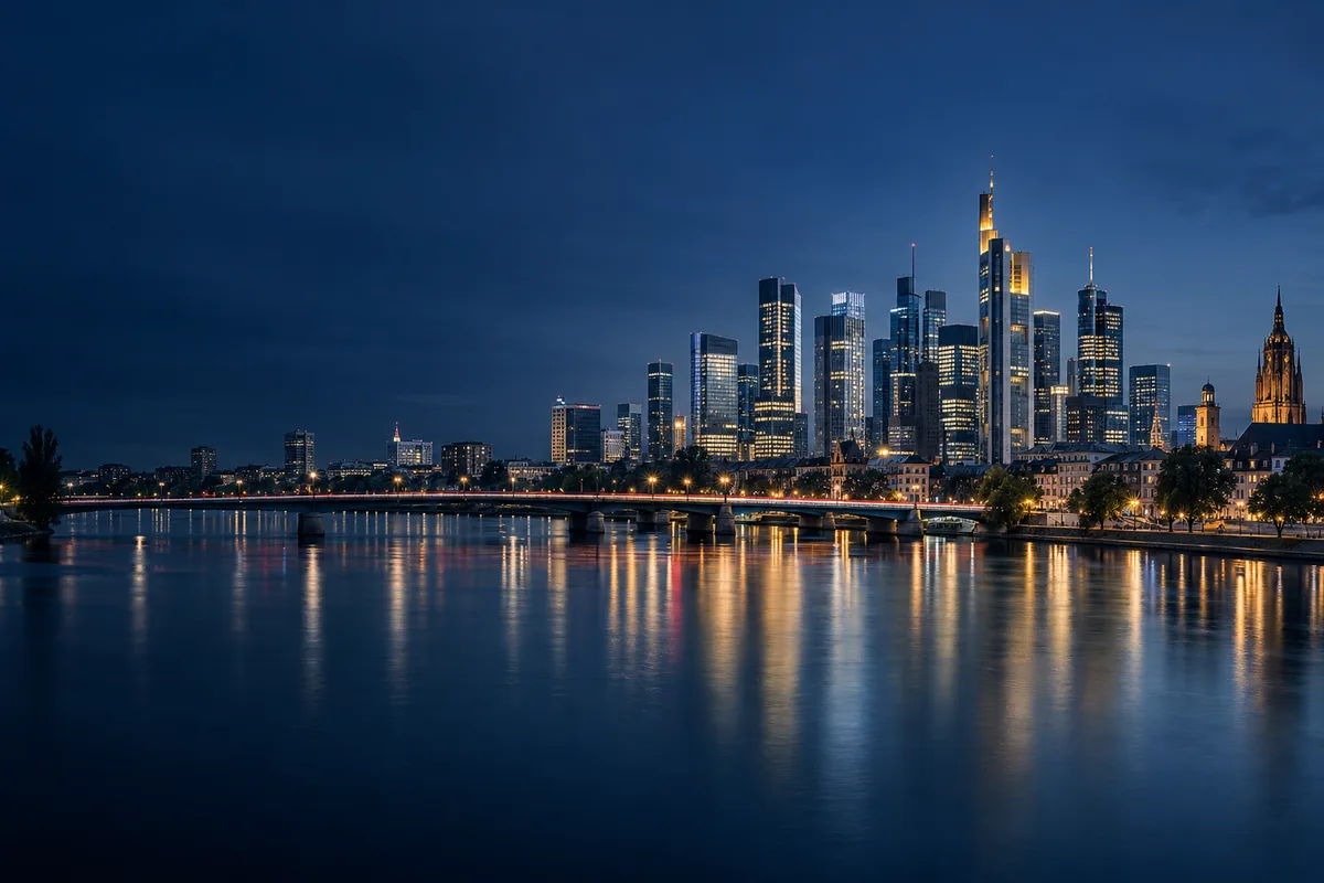 The Frankfurt skyline over the river Main at blue hour