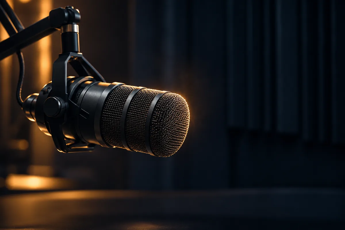 Un micrófono de estudio bajo una luz cálida
