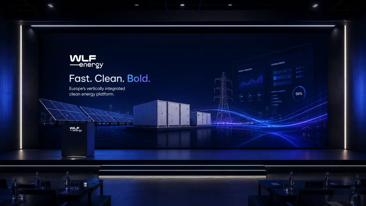 The WLF Energy stage with the line Fast. Clean. Bold. and an illustration of solar panels, battery storage and a power line