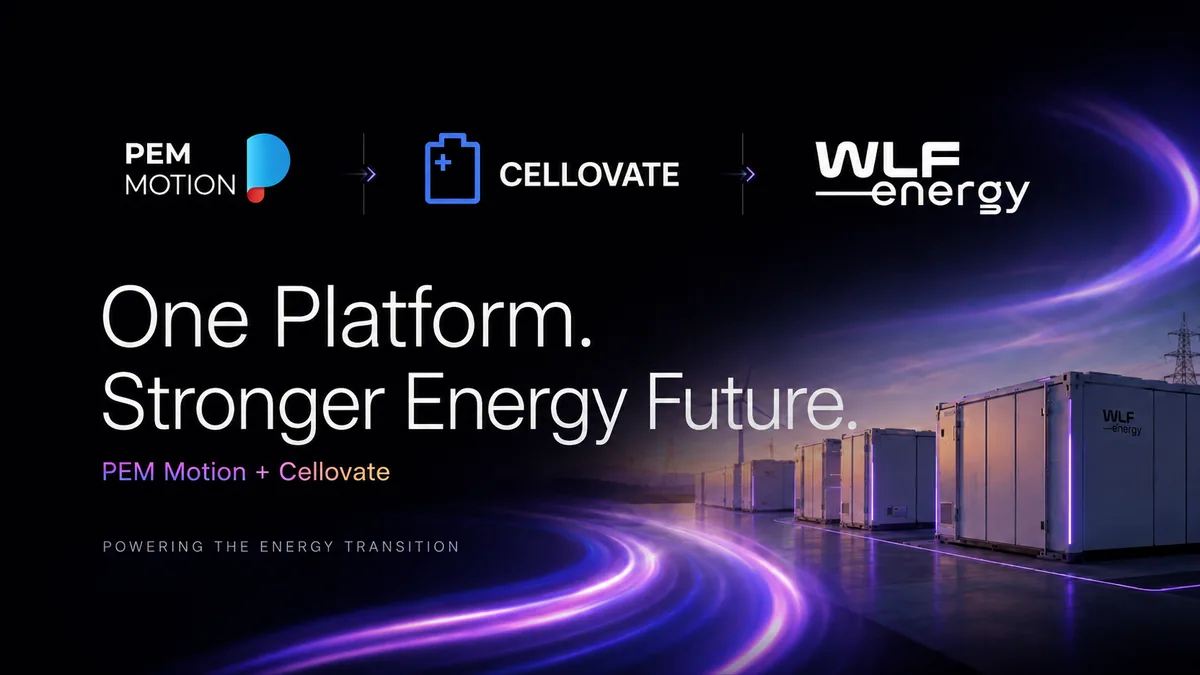 PEM Motion and Cellovate logos joining the WLF Energy logo, with the line One Platform. Stronger Energy Future.