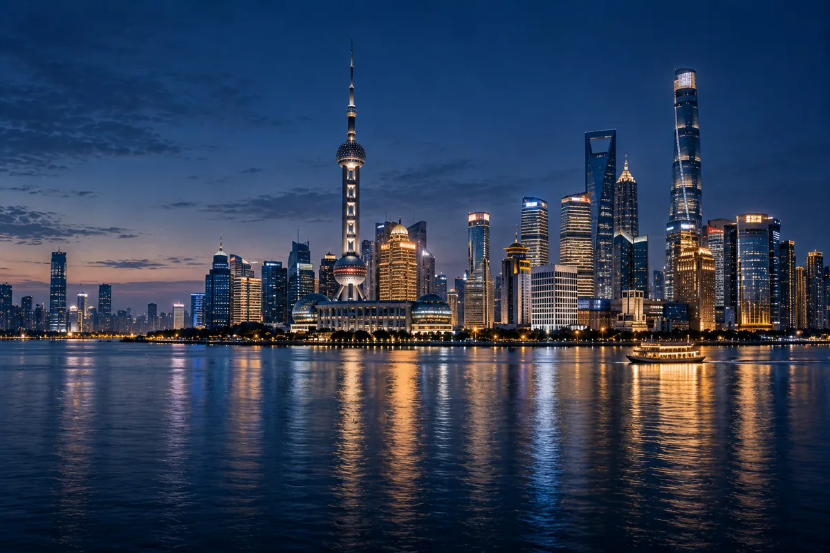 The Shanghai skyline across the Huangpu river at blue hour