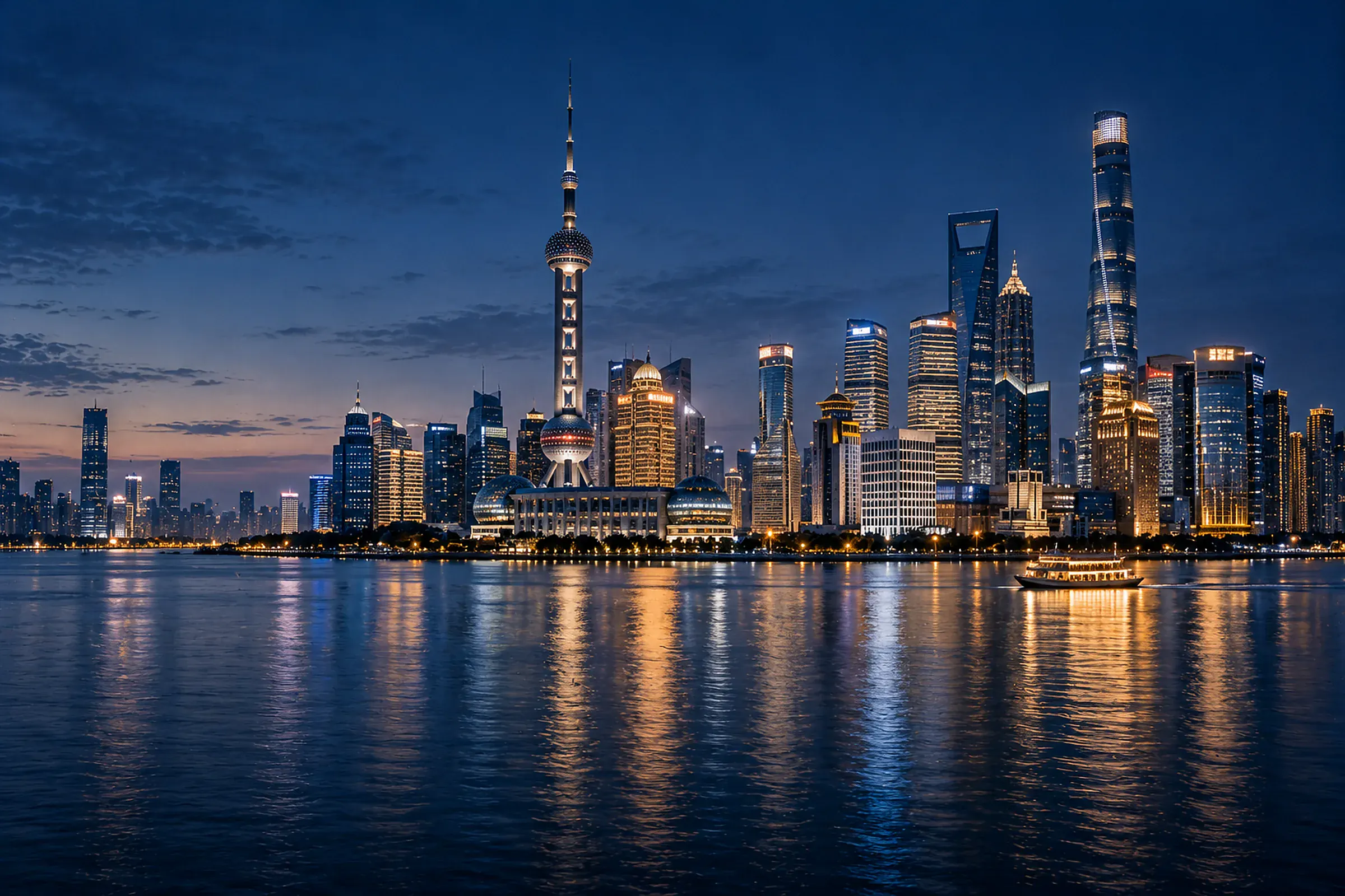 The Shanghai skyline across the Huangpu river at blue hour