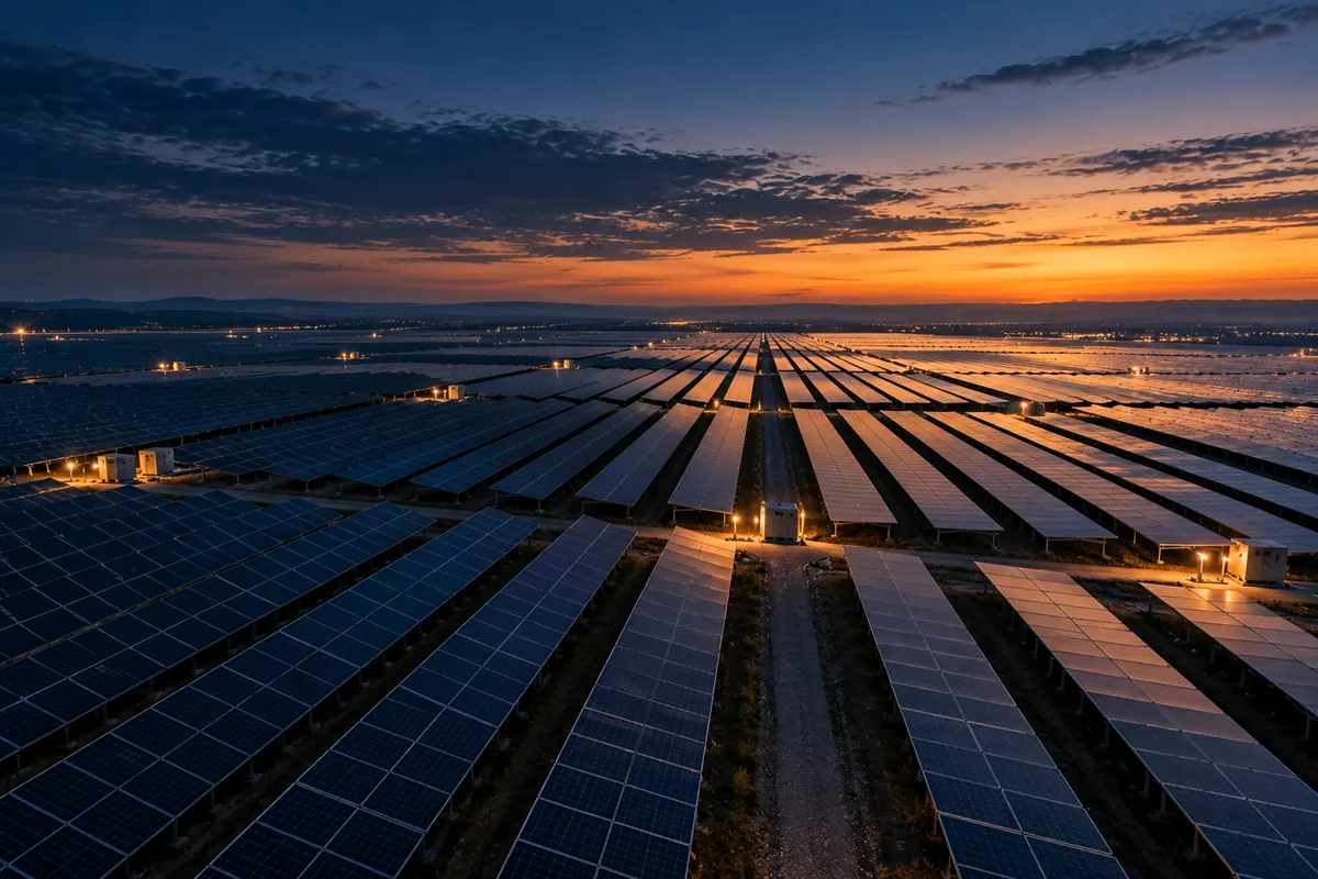 A solar farm stretching to the horizon at blue hour