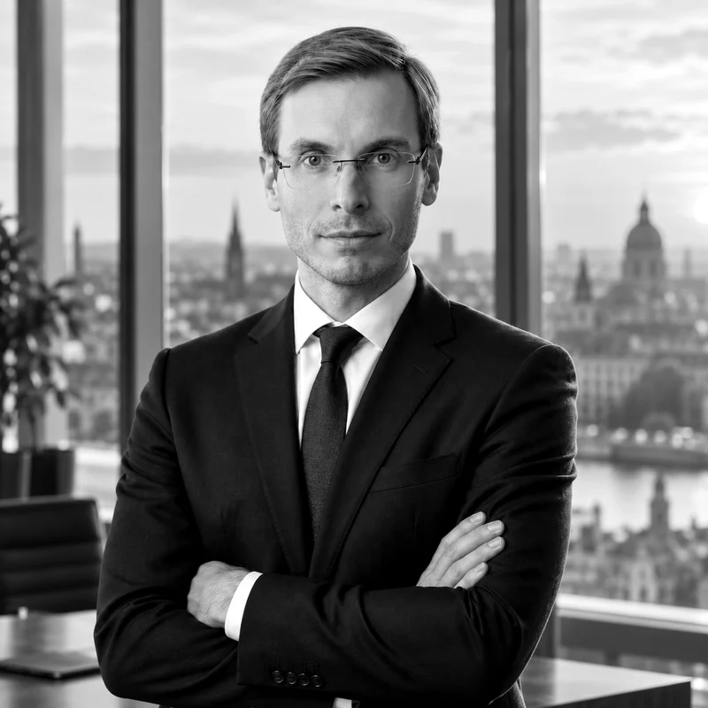 Sebastian Wolf standing in his office, arms crossed, black and white