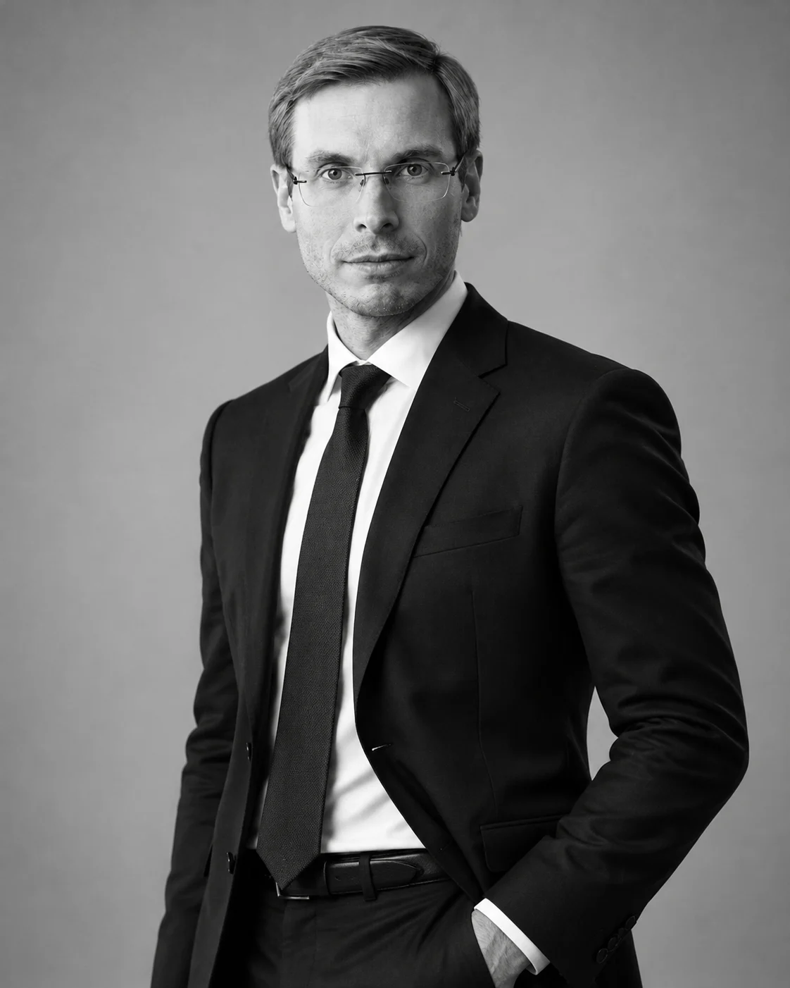 Black and white studio portrait of Sebastian Wolf