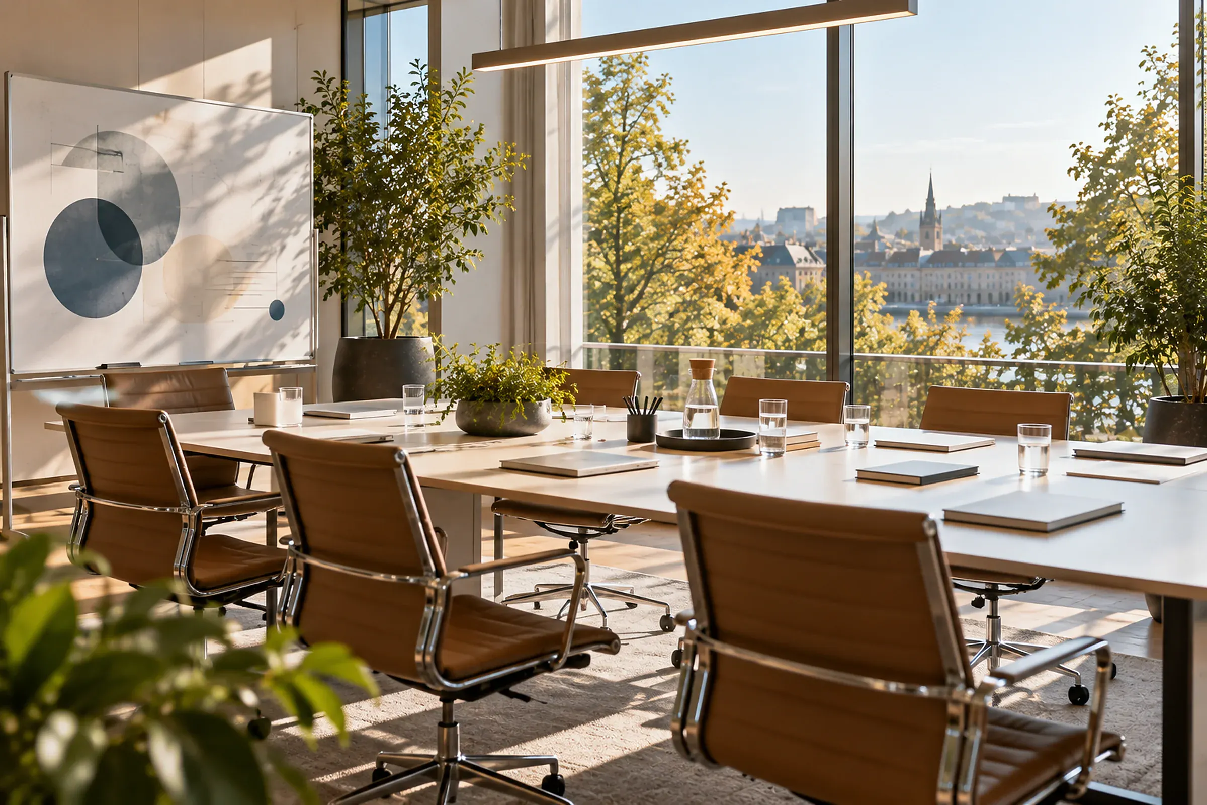 A meeting room overlooking a European city
