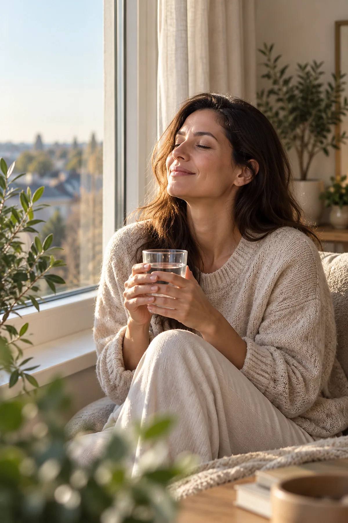 A woman with her eyes closed holding a glass of water by a sunlit window